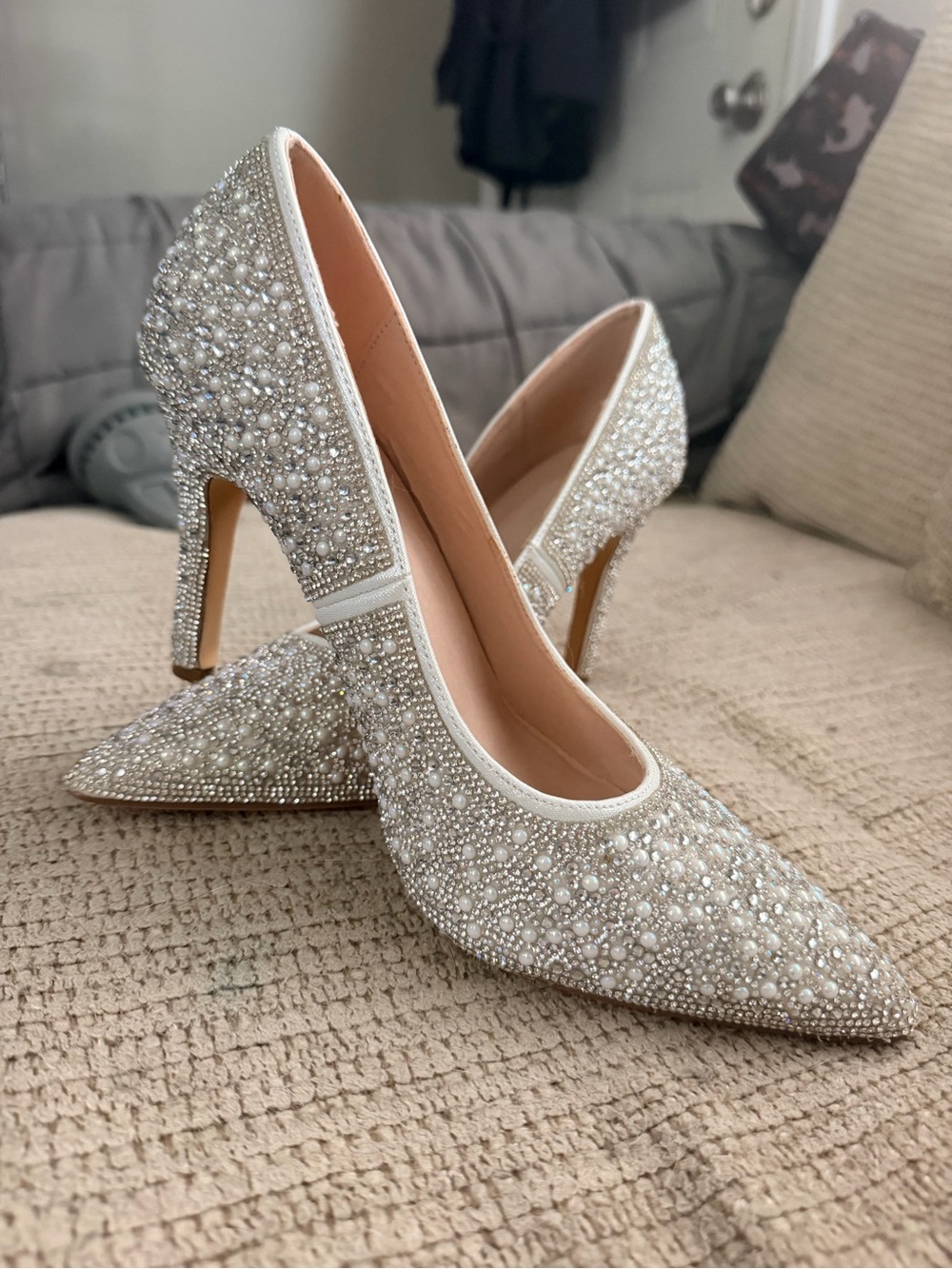 Pearl & Crystal Embellished White Pointed-Toe Heels